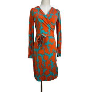 Diane Von Furstenburg Printed Wrap Silk Dress Orange Teal
